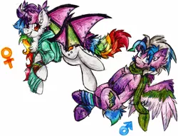 Size: 1857x1424 | Tagged: safe, artist:iroxykun, derpibooru import, oc, oc:daydream, oc:lucid wing, unofficial characters only, bat pony, pegasus, pony, cutie mark, female, male, mare, rainbow, stallion, wings