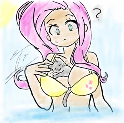 Size: 622x615 | Tagged: :<, artist:manycallmeflutters, artist:racoonsan, belly button, between breasts, big breasts, bikini, breasts, busty fluttershy, cat, cleavage, clothes, confused, derpibooru import, ear scratch, eyes closed, female, fluttershy, human, humanized, kitten, midriff, petting, question mark, sketch, sky, sleeveless, smiling, suggestive, sun, swimsuit, wide eyes