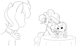 Size: 1262x775 | Tagged: artist:mcsadat, candle, cup cake, derpibooru import, female, floppy ears, implied babycon, implied foalcon, male, monochrome, pinkie pie, pound cake, pound pie, straight, suggestive, table