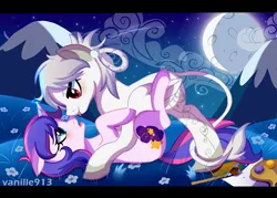 Size: 1600x1143 | Tagged: suggestive, artist:spookyle, derpibooru import, oc, oc:dreamdancer, oc:rum, unofficial characters only, pegasus, pony, unicorn, duo, female, floppy ears, flower, full moon, hill, kissing, leonine tail, lesbian, mare, moon, mountain, night, night sky, on back, sky, starry night