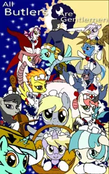 Size: 800x1280 | Tagged: safe, artist:pen-mightier, derpibooru import, coco pommel, derpy hooves, dinky hooves, gilda, iron will, lightning dust, lyra heartstrings, spitfire, trixie, bat pony, dragon, gryphon, human, pony, butler, clothes, fanfic art, fanfic cover, maid