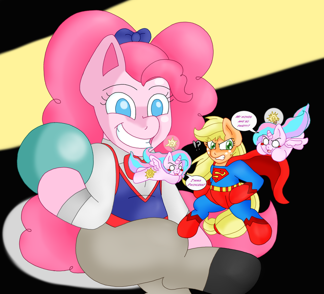 Size: 1592x1444 | Tagged: safe, artist:blackbewhite2k7, derpibooru import, applejack, pinkie pie, alicorn, pony, :3, app-el, bipedal, black background, blush sticker, blushing, bomb, chibi, clothes, costume, crossover, doll, fight, flying, frown, glare, grin, gritted teeth, hoof hold, my wings are so pretty, open mouth, parody, pinklestia, simple background, smiling, smirk, spread wings, superman, supermare, toyman, wide eyes, wings