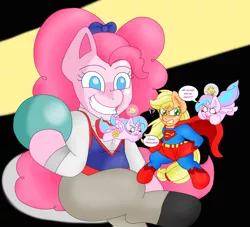 Size: 1592x1444 | Tagged: safe, artist:blackbewhite2k7, derpibooru import, applejack, pinkie pie, alicorn, pony, :3, app-el, bipedal, black background, blush sticker, blushing, bomb, chibi, clothes, costume, crossover, doll, fight, flying, frown, glare, grin, gritted teeth, hoof hold, my wings are so pretty, open mouth, parody, pinklestia, simple background, smiling, smirk, spread wings, superman, supermare, toyman, wide eyes, wings