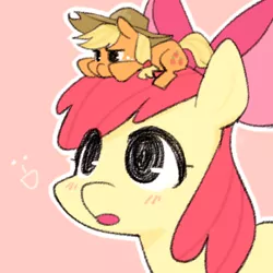 Size: 500x500 | Tagged: apple bloom, applejack, appletini, artist:shunji, bridle gossip, derpibooru import, duo, outline, pink background, pixiv, pony hat, safe, simple background