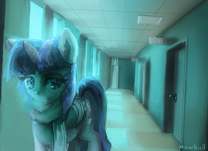 Size: 1140x826 | Tagged: safe, artist:mewball, derpibooru import, twilight sparkle, twilight sparkle (alicorn), alicorn, pony, bandage, clothes, dutch angle, female, hospital, injured, mare, scarf, solo