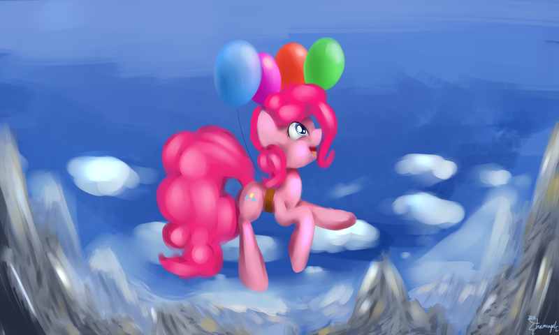 Size: 2400x1440 | Tagged: artist:shamanguli, balloon, dead source, derpibooru import, mountain, pinkie pie, safe, solo, then watch her balloons lift her up to the sky