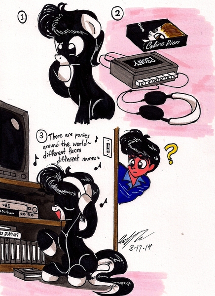 Size: 1280x1760 | Tagged: safe, artist:newyorkx3, derpibooru import, oc, oc:tommy, oc:tommy junior, unofficial characters only, earth pony, human, pony, cassette, cassette player, cassette tape, celine dion, colt, comic, eyes closed, father, headphones, lyrics, male, music notes, non-mlp oc, question mark, self insert, singing, son, song reference, text, traditional art, walkman