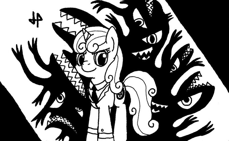 Size: 1787x1103 | Tagged: alchemist, artist:doctorgiratina, black and white, clothes, crossover, cutie mark, eyeshadow, fangs, fullmetal alchemist, grayscale, homunculi, homunculus, necktie, open mouth, pride the arrogant, safe, selim bradley, shadow, sharp teeth, smiling, solo, suit, sweetie belle