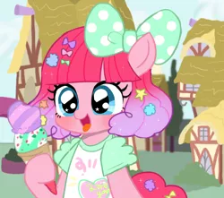 Size: 1280x1129 | Tagged: safe, artist:momo, derpibooru import, pinkie pie, pony, alternate hairstyle, askharajukupinkiepie, bust, clothes, cute, diapinkes, food, gradient mane, hair accessory, harajuku, ice cream, solo, starry eyes, tongue out, wingding eyes