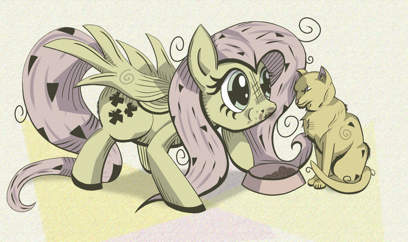 Size: 1890x1124 | Tagged: artist:lulilulilaj, bowl, cat, derpibooru import, eating, feeding, fluttershy, red, safe, solo