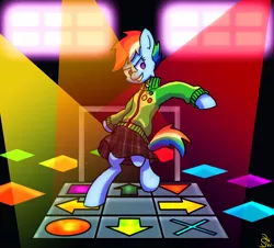 Size: 1200x1086 | Tagged: artist:sensko, chie satonaka, clothes, dance dance revolution, derpibooru import, persona, persona 4, rainbow dash, rhythm game, safe, satonaka chie