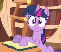Size: 401x339 | Tagged: a friend in deed, animated, book, cropped, derpibooru import, eyeroll, facebooking, faceplant, frown, golden oaks library, headdesk, safe, screencap, solo, twilight sparkle, wide eyes