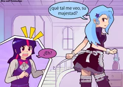 Size: 1722x1221 | Tagged: safe, artist:potatoochips, derpibooru import, trixie, twilight sparkle, human, blushing, clothes, female, humanized, lesbian, maid, shipping, spanish, twixie