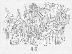 Size: 1024x779 | Tagged: safe, artist:appletank, derpibooru import, discord, firefly, king sombra, nightmare moon, princess cadance, princess celestia, princess luna, queen chrysalis, twilight sparkle, ponified, alicorn, changeling, draconequus, pony, unicorn, crossover, demoman, engineer, heavy weapons guy, medic, monochrome, pencil drawing, pyro, scout, sketchy, sniper, soldier, spy, team fortress 2, traditional art