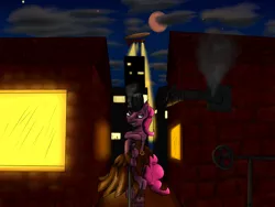 Size: 1600x1200 | Tagged: airship, artist:deviousfate, blood moon, city, clothes, derpibooru import, dress, night, pinkie pie, safe, solo, steam, steampunk