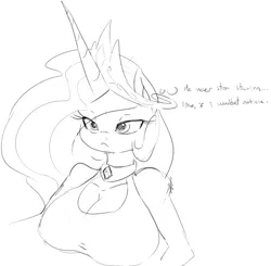 Size: 996x975 | Tagged: anthro, artist:zev, breasts, busty princess celestia, cleavage, derpibooru import, female, frown, grayscale, looking at you, monochrome, princess celestia, safe, sharp horn, sketch, solo, source needed, thought balloon, thought bubble