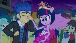 Size: 1920x1080 | Tagged: safe, derpibooru import, screencap, blueberry cake, captain planet, curly winds, flash sentry, golden hazel, indigo wreath, nolan north, paisley, scott green, some blue guy, sophisticata, sweet leaf, teddy t. touchdown, twilight sparkle, valhallen, equestria girls, equestria girls (movie), big crown thingy, crown, fall formal outfits, female, flashlight, jewelry, male, ponied up, regalia, shipping, smiling, straight, twilight ball dress, wings