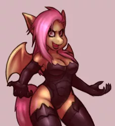 Size: 886x971 | Tagged: anthro, artist:namelessenemy, breasts, busty fluttershy, cleavage, clothes, derpibooru import, evening gloves, female, flutterbat, fluttershy, leotard, looking at you, solo, solo female, stockings, suggestive