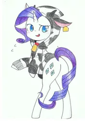 Size: 904x1284 | Tagged: safe, artist:yukimaki, derpibooru import, rarity, pony, animal costume, bipedal, clothes, hoodie, pixiv, plot, raricow, solo