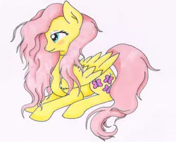 Size: 768x622 | Tagged: safe, artist:klarapl, derpibooru import, fluttershy, pegasus, pony, folded wings, looking down, profile, prone, simple background, solo, traditional art