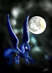 Size: 1280x1810 | Tagged: safe, artist:shortcircuit42, derpibooru import, princess luna, flying, glowing eyes, moon, night, solo, spread wings, stars