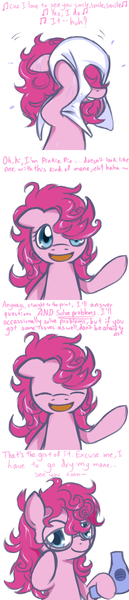 Size: 600x2800 | Tagged: safe, artist:solar-slash, derpibooru import, pinkie pie, earth pony, pony, ask pinkie pie solutions, ask, comic, female, glasses, hair dryer, mare, messy mane, solo, towel, tumblr