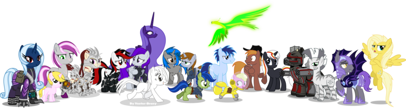 Size: 4754x1274 | Tagged: safe, artist:vector-brony, derpibooru import, oc, oc:blackjack, oc:boo, oc:calamity, oc:hired gun, oc:homage, oc:ice dice, oc:lacunae, oc:littlepip, oc:morning glory (project horizons), oc:p-21, oc:psychoshy, oc:puppysmiles, oc:rampage, oc:scotch tape, oc:serenity (fallout equestria: heroes), oc:steelhooves, oc:stygius, oc:velvet remedy, oc:xenith, unofficial characters only, alicorn, balefire phoenix, bat pony, cyborg, earth pony, pegasus, phoenix, pony, unicorn, zebra, fallout equestria, fallout equestria: heroes, fallout equestria: pink eyes, fallout equestria: project horizons, fanfic, applejack's rangers, armor, artificial alicorn, barbed wire, bat pony oc, bat wings, clothes, cowboy hat, cutie mark, cyber legs, dashite, fanfic art, fangs, female, filly, flying, foal, group, gun, hat, hazmat suit, hooves, horn, male, mare, minigun, open mouth, pipbuck, power armor, purple alicorn (fo:e), raised hoof, rocket launcher, saddle bag, simple background, spread wings, stallion, steel ranger, transparent background, vault suit, vector, weapon, wings