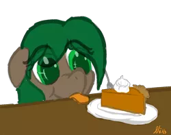 Size: 1123x887 | Tagged: safe, artist:niksiekins, derpibooru import, oc, oc:plumpkin, unofficial characters only, cake, fork, pumpkin pie, tongue out