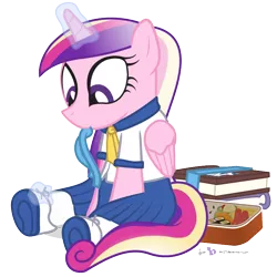 Size: 760x760 | Tagged: artist:dm29, bento, clothes, cute, cutedance, derpibooru import, magic, mouth hold, princess cadance, safe, school uniform, simple background, sitting, solo, transparent background, younger