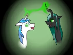 Size: 640x480 | Tagged: artist:thetreeofice, changeling feeding, cheerful, derpibooru import, drool, female, magic, male, mind control, queen chrysalis, safe, shining armor, shining chrysalis, straight