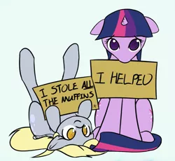 Size: 1613x1481 | Tagged: safe, artist:adamscage, derpibooru import, derpy hooves, twilight sparkle, pegasus, pony, unicorn, accomplice, criminal, criminal scum, cute, evil, female, floppy ears, hoof hold, legs in air, looking at you, mare, mouth hold, no nose, on back, pony shaming, puppy dog eyes, pure unfiltered evil, sad, shaming, sign, sitting, smiling, unicorn twilight, you monster