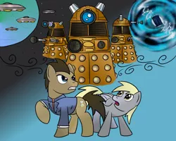 Size: 1080x864 | Tagged: safe, artist:pacce, artist:scherzo, derpibooru import, ponibooru import, derpy hooves, doctor whooves, time turner, pegasus, pony, colored, crossover, dalek, doctor who, female, mare, tardis