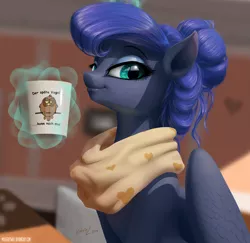 Size: 2795x2720 | Tagged: safe, artist:katputze, artist:mykegreywolf, derpibooru import, princess luna, alicorn, pony, 2014, alternate hairstyle, beautiful, coffee, coffee mug, collaboration, cute, detailed, eyeshadow, german, high res, lidded eyes, lips, looking at you, lunabetes, magic, makeup, mug, photoshop elements, realistic, smiling, smug, solo, technical advanced, telekinesis