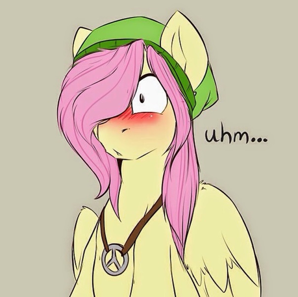 Size: 813x809 | Tagged: safe, artist:rainbowscreen, derpibooru import, fluttershy, pegasus, pony, ask the gaylord, ask, blushing, butterscotch, hat, hippieshy, male, necklace, rule 63, stallion, tumblr