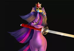 Size: 1148x789 | Tagged: safe, artist:shnider, derpibooru import, twilight sparkle, pony, unicorn, badass, big crown thingy, black background, element of magic, female, fluffy, glare, hair over one eye, katana, mare, mouth hold, simple background, solo, sword, weapon