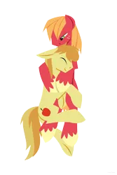 Size: 1280x1920 | Tagged: safe, artist:hoverrover, derpibooru import, big macintosh, braeburn, earth pony, pony, braemac, colored hooves, cuddling, cutie mark, eyes closed, floppy ears, gay, hooves, hug, lineless, male, shipping, simple background, smiling, snuggling, stallion, transparent background
