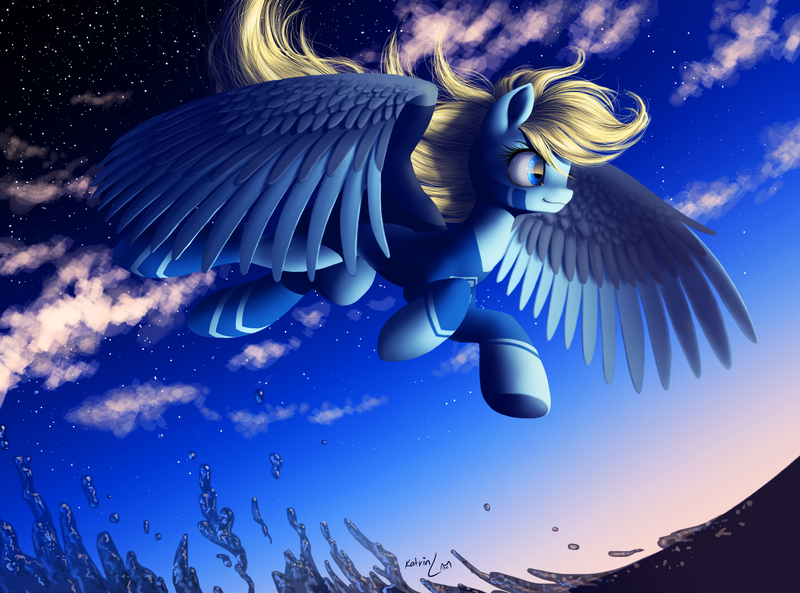 Size: 3106x2303 | Tagged: artist:katputze, clothes, cloud, cloudy, derpibooru import, flight suit, flying, oc, oc:nexus, safe, solo, stars, unofficial characters only, water, windswept mane