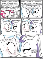 Size: 500x677 | Tagged: safe, artist:foudubulbe, derpibooru import, maud pie, pinkie pie, trixie, pony, comic:damp rocks, bedroom eyes, blushing, boop, c:, comic, eye contact, female, imminent kissing, lesbian, mauxie, nervous, noseboop, open mouth, shipping, smiling, sweat, wide eyes, wink