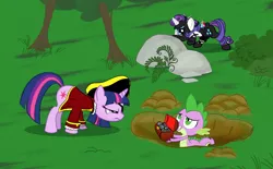 Size: 1024x634 | Tagged: artist:easteu, derpibooru import, ninja, pirate, rarity, rock, safe, spike, twilight sparkle