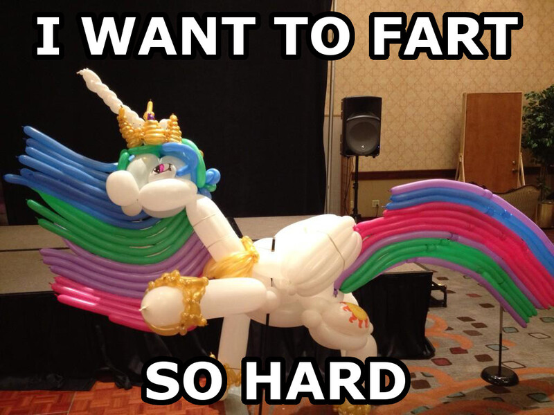 Size: 1024x768 | Tagged: air, balloon, balloon animal, caption, constipated, derpibooru import, funny, image macro, meme, need to fart, princess celestia, safe, text