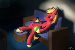 Size: 1800x1200 | Tagged: safe, artist:laptopgun, derpibooru import, big macintosh, earth pony, pony, alcohol, male, phone, solo, stallion, television