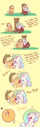 Size: 1336x4209 | Tagged: apple, applejack, appul, artist:poptart36, banana magic, comic, dialogue, food, hilarious in hindsight, inanimate tf, majestic as fuck, no pupils, orange, orangejack, orangified, princess celestia, safe, tasty fruit, transformation, trollestia, wat, wtf