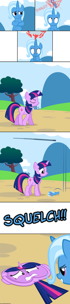 Size: 1500x6500 | Tagged: safe, artist:navitaserussirus, derpibooru import, trixie, twilight sparkle, balloon, balloon popping, cartoon physics, crushed, female, flattened, floating, flying, lesbian, plot, prank, pranked, shipping, squish, squished, trixdom, twilybuse, twixie, voodoo, voodoo doll