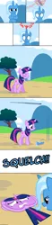 Size: 1500x6500 | Tagged: artist:navitaserussirus, balloon, balloon popping, cartoon physics, crushed, derpibooru import, female, flattened, floating, flying, lesbian, plot, prank, pranked, safe, shipping, squish, squished, trixdom, trixie, twilight sparkle, twilybuse, twixie, voodoo, voodoo doll