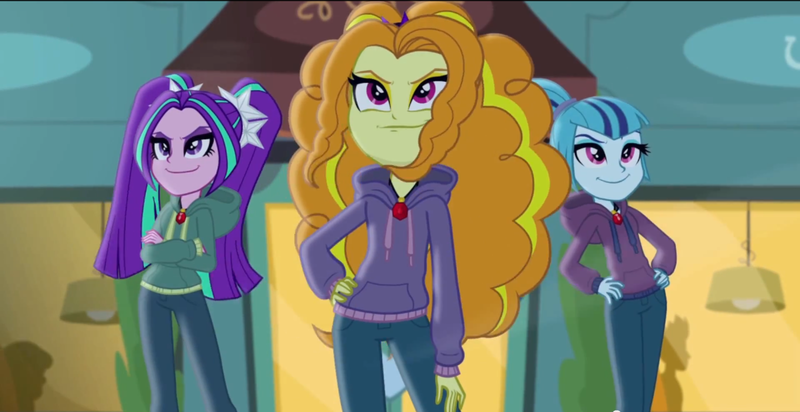 Size: 1366x703 | Tagged: safe, derpibooru import, screencap, adagio dazzle, aria blaze, sonata dusk, equestria girls, rainbow rocks, clothes, confident, diner, gem, hoodie, jewelry, mirrored, necklace, outdoors, pendant, pigtails, ponytail, siren gem, smiling, smug, the dazzlings, twintails, youtube link