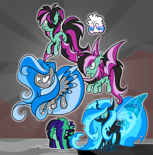 Size: 500x505 | Tagged: safe, artist:egophiliac, derpibooru import, princess luna, changeling queen oc, oc, oc:danger mcsteele, oc:frolicsome meadowlark, oc:imogen, oc:pebbl, oc:sunshine smiles (egophiliac), bat pony, changeling, changeling queen, pony, roc, sea pony, moonstuck, blue changeling, changeling oc, chick, colored, colt, eyepatch, female, filly, male, moon roc, rainbow power, rainbow power-ified, woona