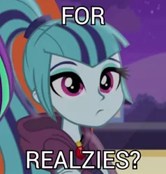 Size: 427x448 | Tagged: safe, derpibooru import, edit, edited screencap, screencap, aria blaze, sonata dusk, equestria girls, rainbow rocks, bust, caption, catchphrase, clothes, crossed arms, cute, female, for real, for realzies, frown, gem, image macro, looking at you, meme, meme origin, ponytail, realzies, siren gem, solo focus, sonatabetes, youtube link