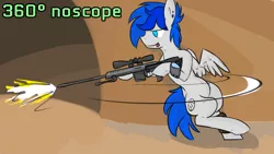 Size: 960x540 | Tagged: 360 noscope, artist:plain, back twist, barrett 98b, derpibooru import, fallout equestria, flexible, gun, hax, holster, oc, oc:sapphire sights, pipbuck, rifle, safe, shooting, sniper, unofficial characters only