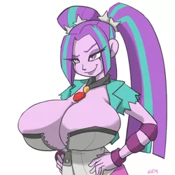 Size: 900x900 | Tagged: suggestive, artist:moronsonofboron, derpibooru import, aria blaze, equestria girls, rainbow rocks, big breasts, breast overpour, breasts, busty aria blaze, clothes, corset, female, gem, simple background, siren gem, solo, solo female, twintails, white background