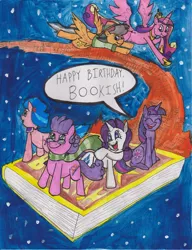 Size: 632x824 | Tagged: artist:gojira007, coco pommel, daring do, derpibooru import, oc, oc:bookish, princess cadance, rarity, safe, traditional art, twilight sparkle